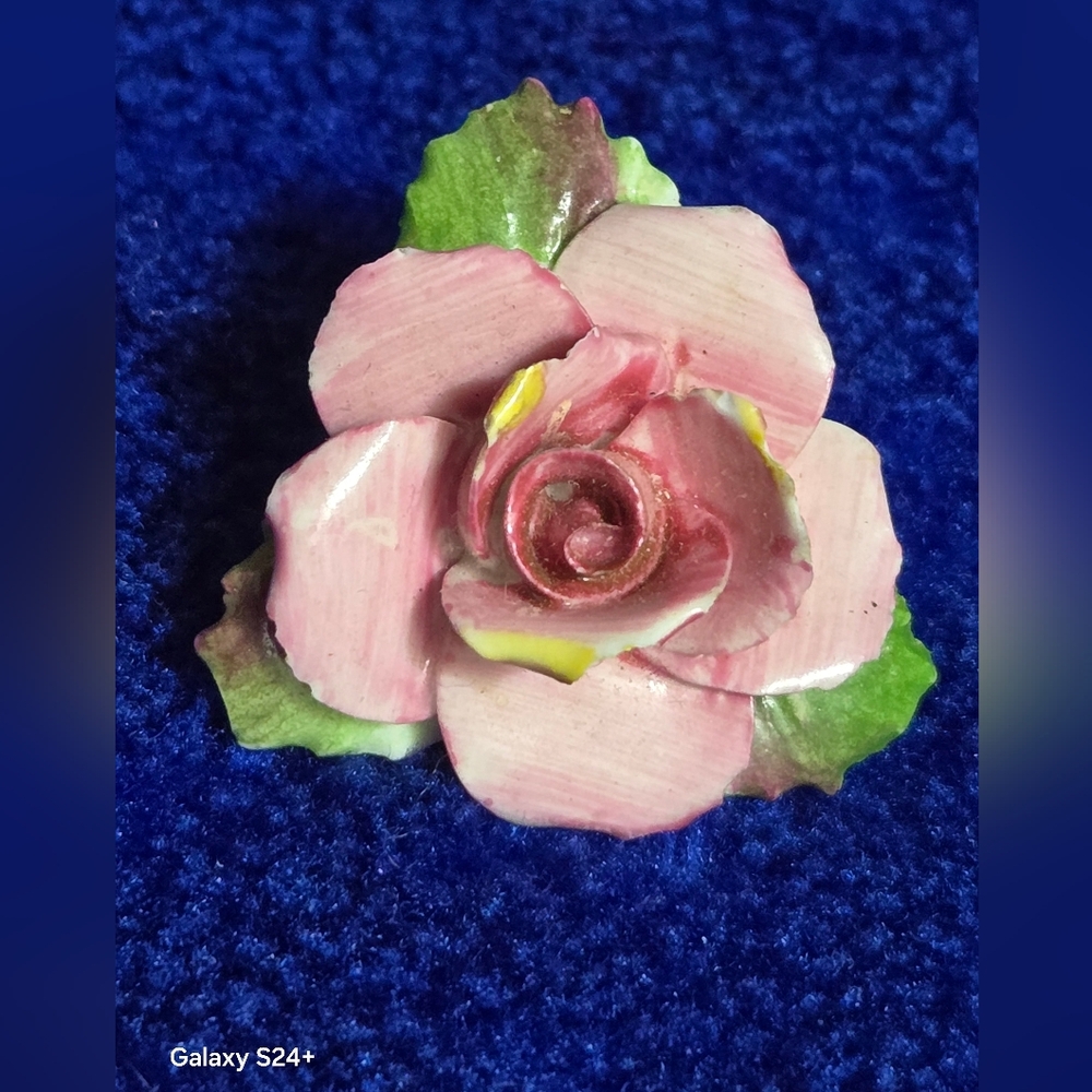 Pink and Green Rose Brooch Made In England